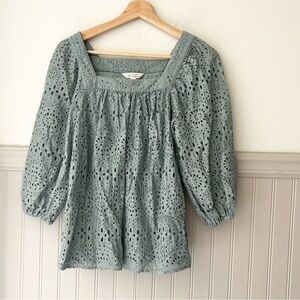 LC Lauren Conrad XS Eyelet Puff Sleeve Blouse Blue Green